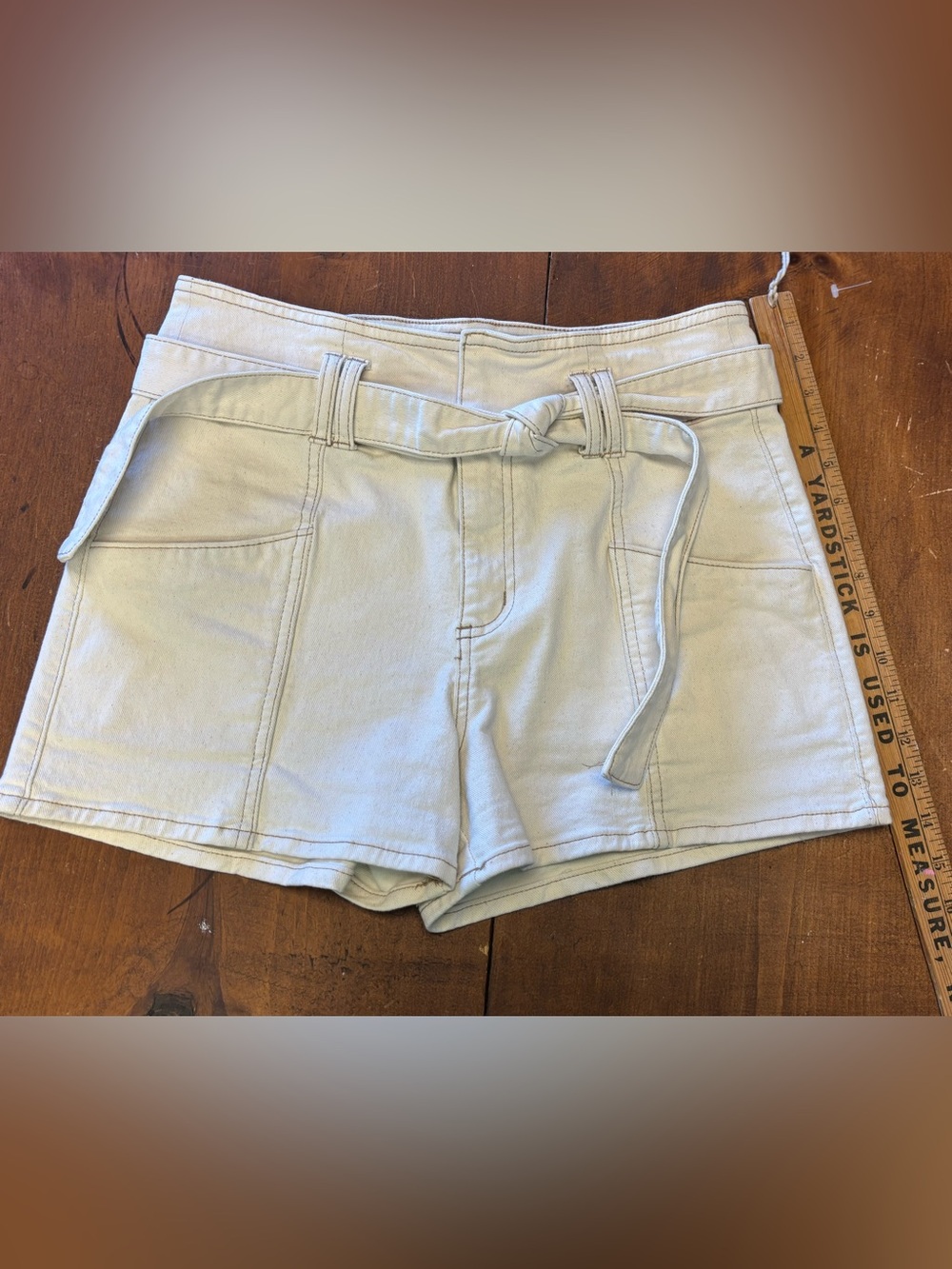 High-Waist Cream Tie-Belt Utility Shorts